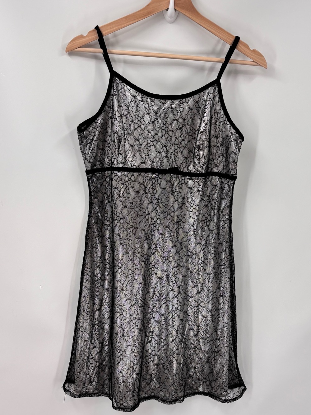Vintage Y2K 90s babydoll velvet bow silver Black Lace Overlay Slip mini Dress S